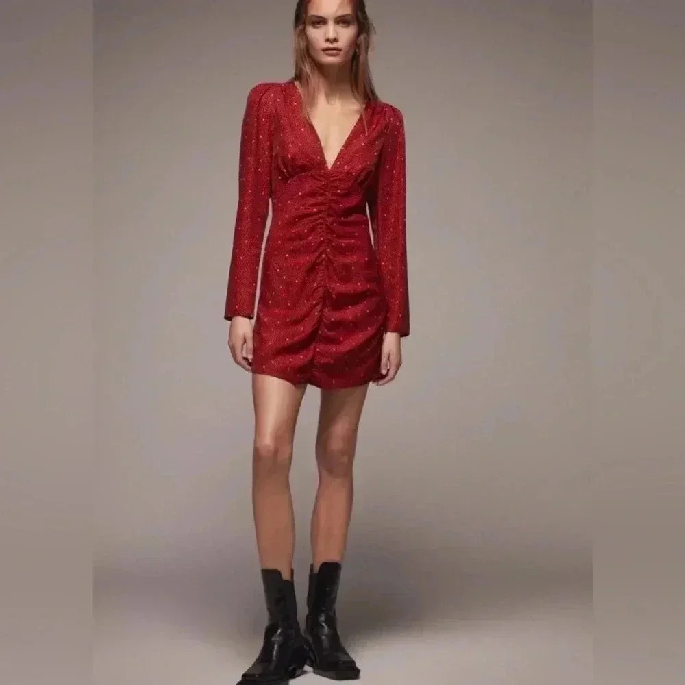 Zara Women’s Mini Dress Long Sleeve Size Large V-Neck Ruched Dress Sz S - Picture 4 of 9